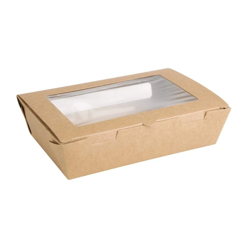 Fiesta Compostable Salad Boxes with PLA Windows 1200ml (200 Pack) - Disposable Containers for Catering, Outdoor Activity, Take Out FB677