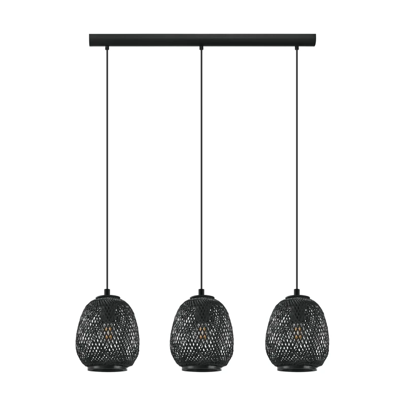 Eglo Pendant Light Dembleby 1, 3-Light Hanging Lamp Vintage, Natural, Hygge, Woven Wooden Basket Pendant, Dining Table Lamp, Hanging Living Room Lamp in Black, Steel, E27 Socket
