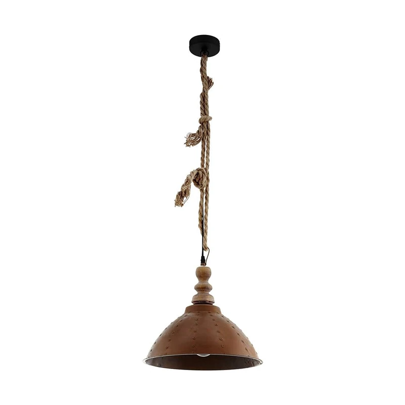 EGLO Riddlecombe Pendant Light, 1 Bulb Pendant Lamp, Vintage, Industrial, Retro, Wood, Steel and Natural Rope, Dining Table Lamp, Living Room Lamp Hanging in Brown, Black, E27 Socket