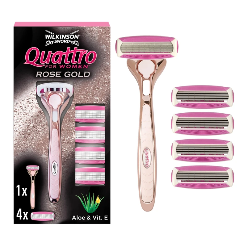 WILKINSON SWORD - Quattro For Women | Premium Metal Rose Gold | Razor Handle + 4 Blade Refills