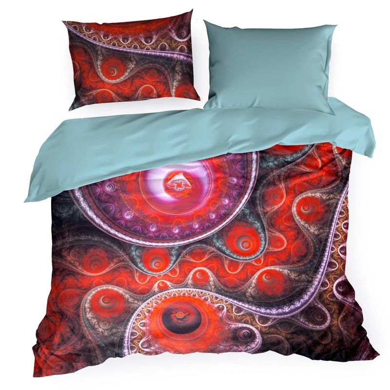 Eurofirany Bedding Pattern Print Striking Cotton Set 2 Pillow Cases 1 Duvet Cover, Blue + Red, 220X200cm+2x/70X80cm