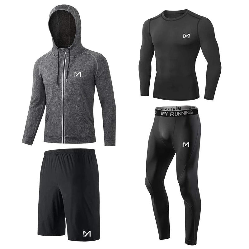 MEETYOO Compression Shirt, Sport Leggings Fitness Shorts Running Jacket Base Layer Set Gym Tight Pants for Workout Training