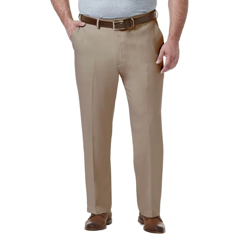 Haggar Men's B&T Premium Comfort Classic Fit Flat Front Hidden Expandable Waistband Dress Pant, Med. Khaki, 44W x 30L - Image 1