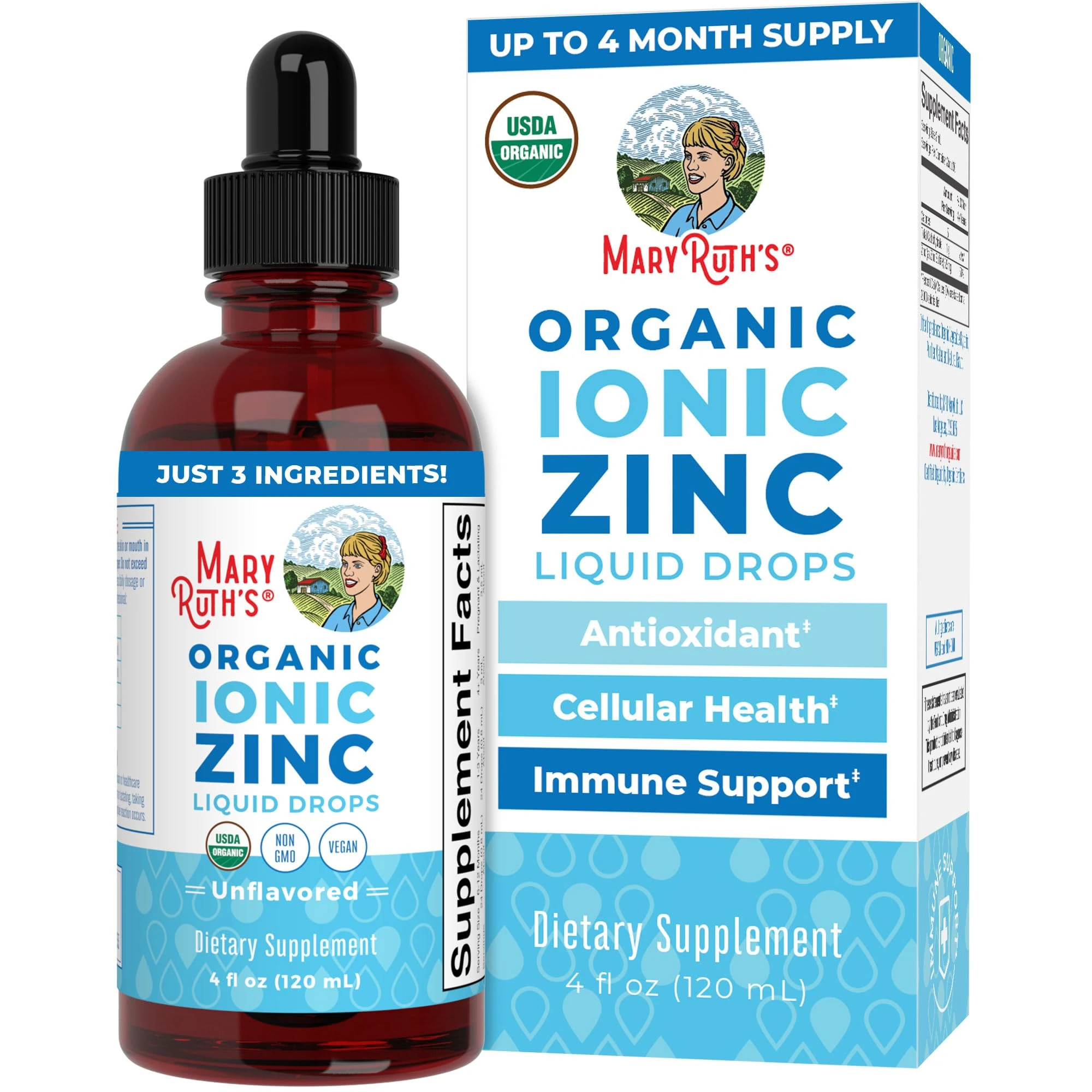 MaryRuth Organic, Liquid Ionic Zinc, Zinc Drops, Dietary Supplement, Unflavored, 120ml, Vegan, Gluten-Free, Soy-Free