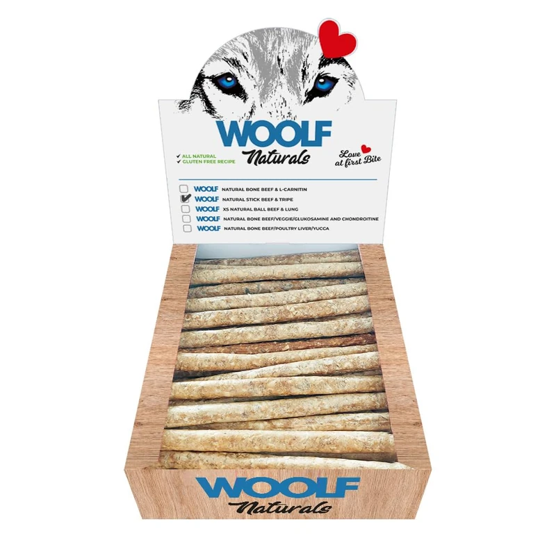 WOOLF Naturals Dog Treats - Gluten-Free and All-Natural Ingredients with Pro-Biotics. Ideal for Weight Control. Suitable for Dogs (Beef and Tripe, 50 Sticks)