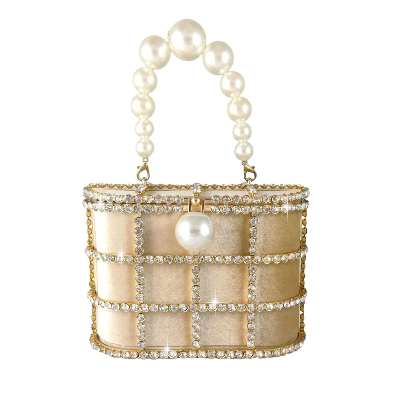 Synthetic Pearl Top-Handle Women Metal Bucket Bag Crystal Evening Purses and Clutches Formal Wedding Handbags, Gold, M