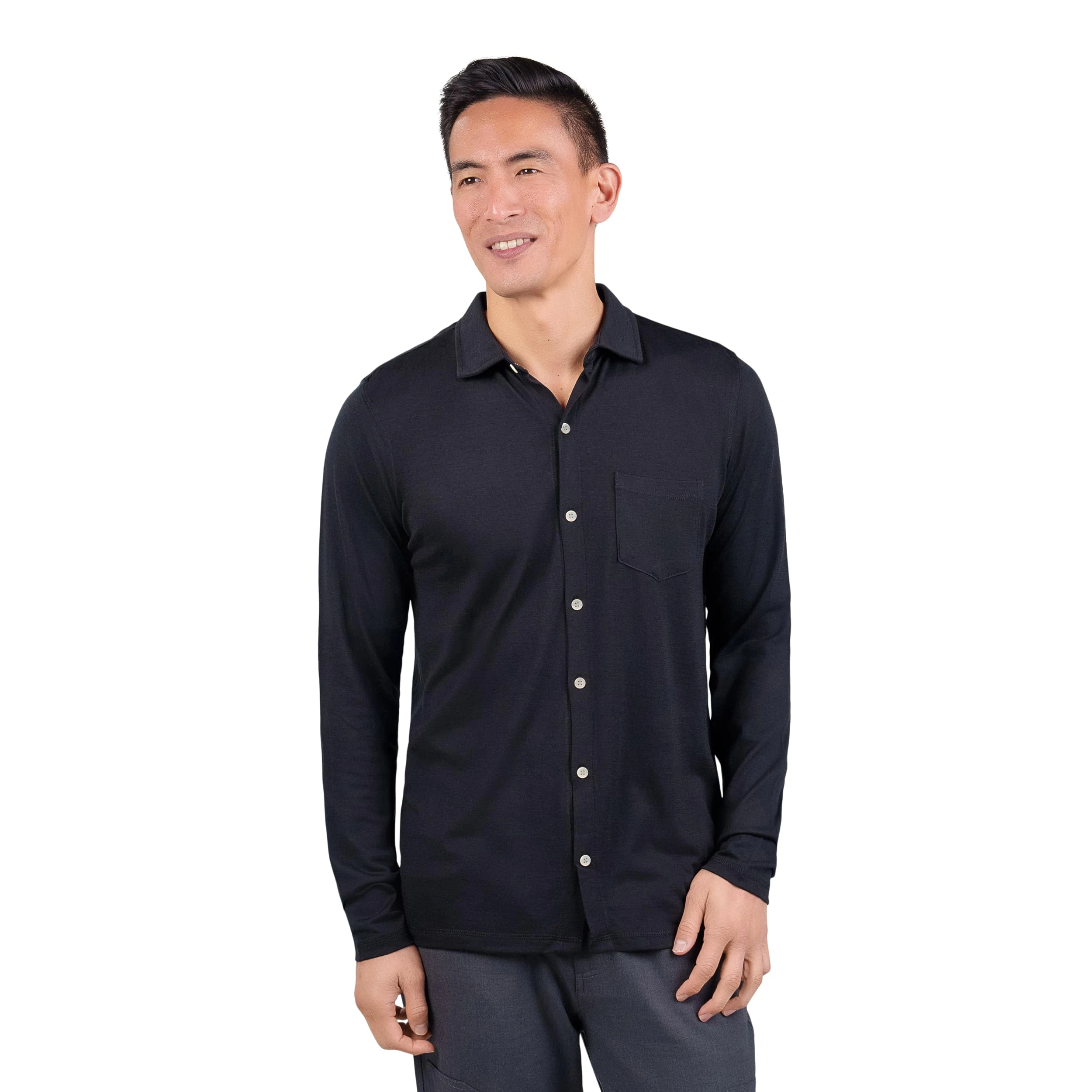 Woolly Clothing Men's Merino Wool Long Sleeve Button Up - Wicking Breathable Anti-Odor - Black - Medium
