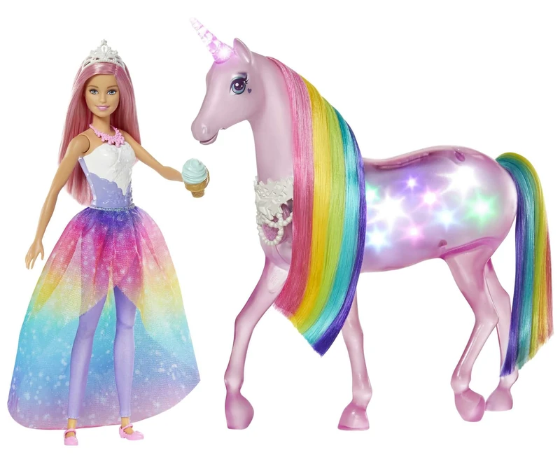 Barbie Dreamtopia Magical Lights Unicorn with Rainbow Mane, Lights & Sounds, Barbie Royal Doll with Pink Hair and Food Accessory, Gift for 3 to 7 Year Olds, GWM78