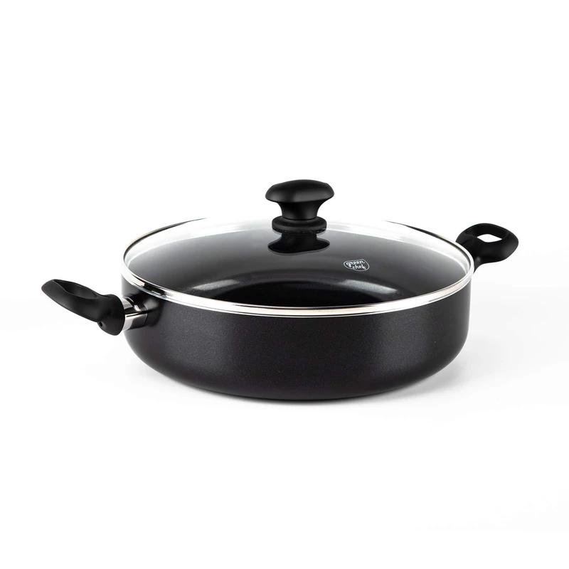 GreenChef Diamond Healthy Ceramic Non-Stick 28 cm/ 4.3 Litre Sauté Pan with Lid and 2 Side Handles, Skillet, PFAS-Free, Induction Suitable, Oven Safe up to 160˚C, Black