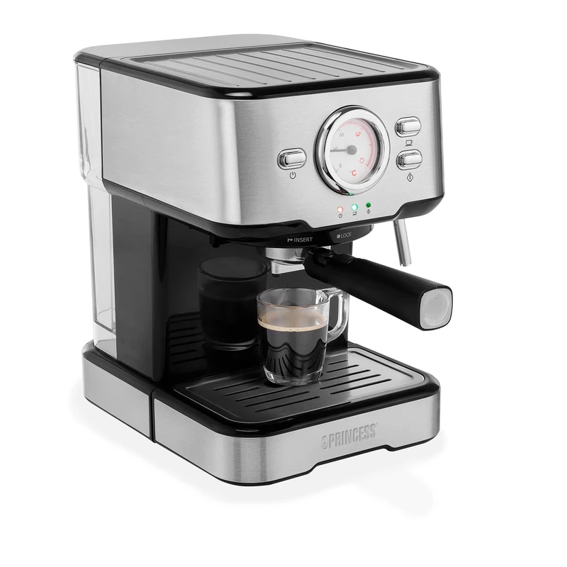 Princess Espresso Machine 249412, 1100 Watt, 1.5 litres, Ground Coffee, 3 Filters, Includes Milk Frother, Ideal for Coffee and Cappuccinos