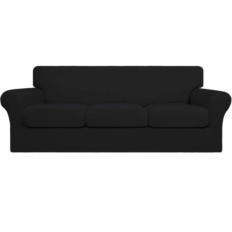 Easy-Going 4 Pieces Stretch Soft Couch Cover for Dogs - Washable Sofa Slipcover for 3 Separate Cushion Couch - Elastic Furniture Protector for Pets, Kids (Sofa, Black) Large
