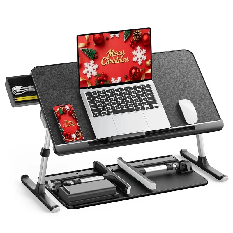 SAIJI Laptop Bed Tray Table, Adjustable PVC Leather Laptop Bed Table, Portable Standing Desk with Storage Drawer, Foldable Lap Tablet Table for Sofa Couch Floor (Dark Black)