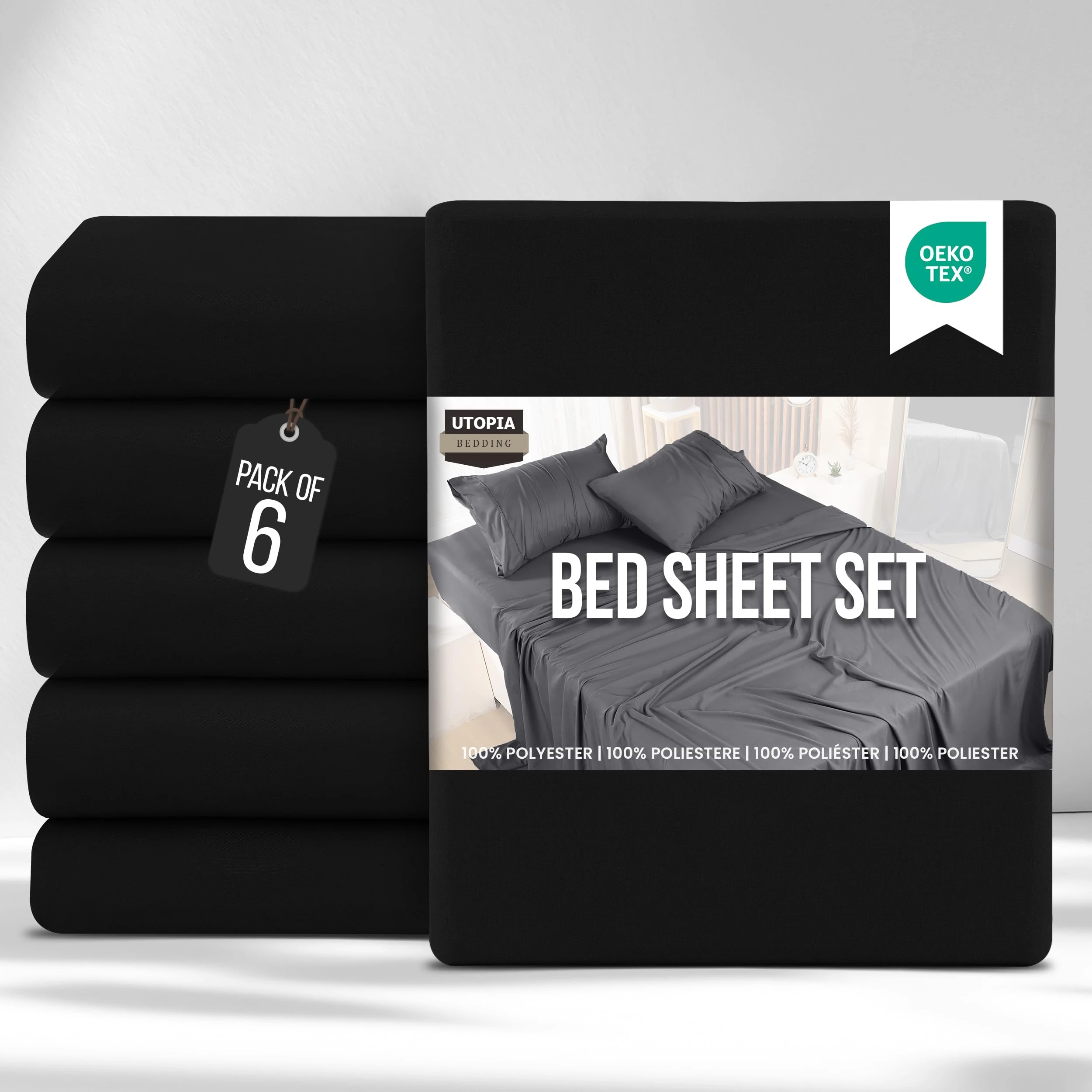 Utopia Bedding Bed Sheets Set Bulk Pack of 6 (King, Black) – Fitted Sheet, Flat Sheet with Pillow cases 50x75 – Wrinkle, Shrinkage & Fade Resistant – Soft Brushed Polyester Microfiber Fabric