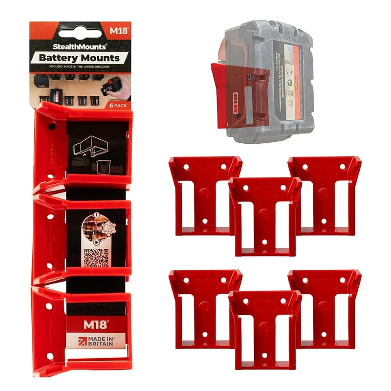 StealthMounts Battery Mounts Compatible with Milwaukee M18 – 6 Pack Red Wall & Bench Holders for Power Tool Batteries | ABS Storage Brackets for Workshop, Garage & Van Organisation | Made in the UK