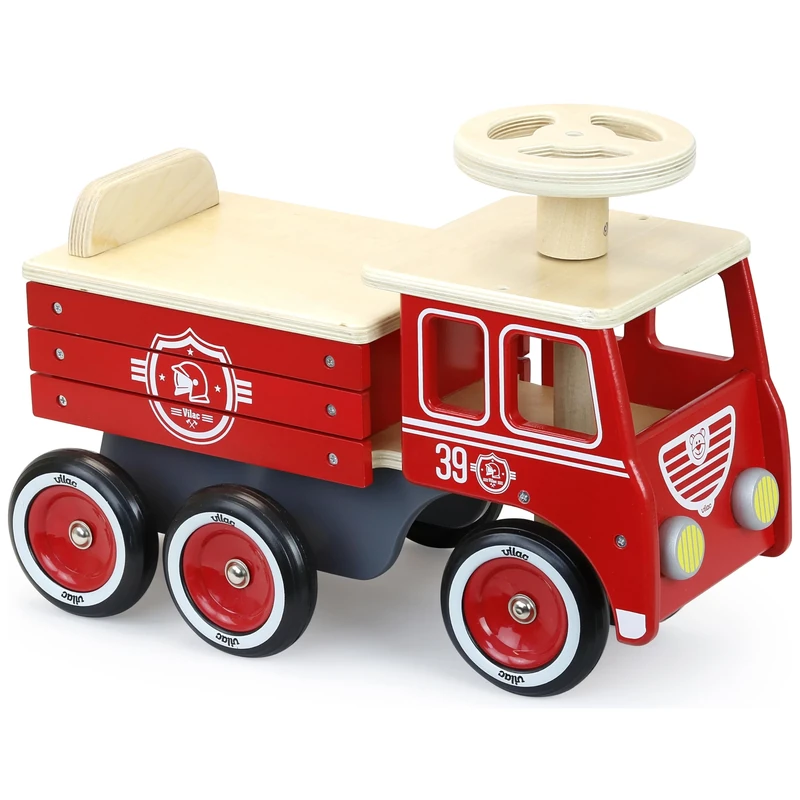 Vilac Wooden Vintage Role-Play Ride-On Fire Truck, Has Storage Box, 6 Stable Quiet Rubber Wheels, Anti-Tip System, Develops Balance, Coordination, For 1.5 to 3 Yrs Kids under 20 kgs, 50 x 35 x 26 cm