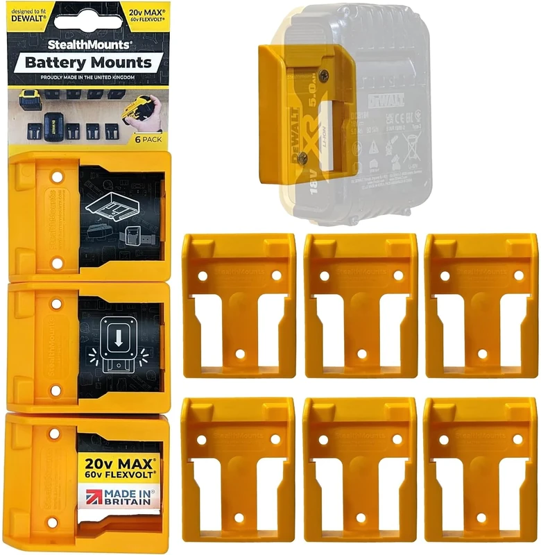 StealthMounts Yellow Battery Mounts Compatible with DeWalt – 6 Pack | Battery Holder | Wall Mounted Holders for Power Tool Storage & Accessories | Made in the UK