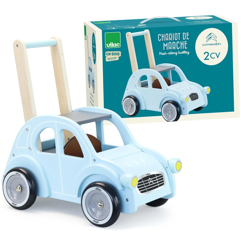 Vilac 2CV Wooden Walking Car, Walker for Children with 2 Storage Compartments, Unique Design, Prevent from Tipping, Citroen Inspired, Suitable for 12 Months+