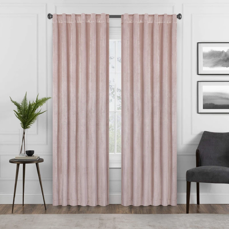 Eclipse Harper Velvet Rod Pocket Curtains for Bedroom, Single Panel, 50" x 108", Blush