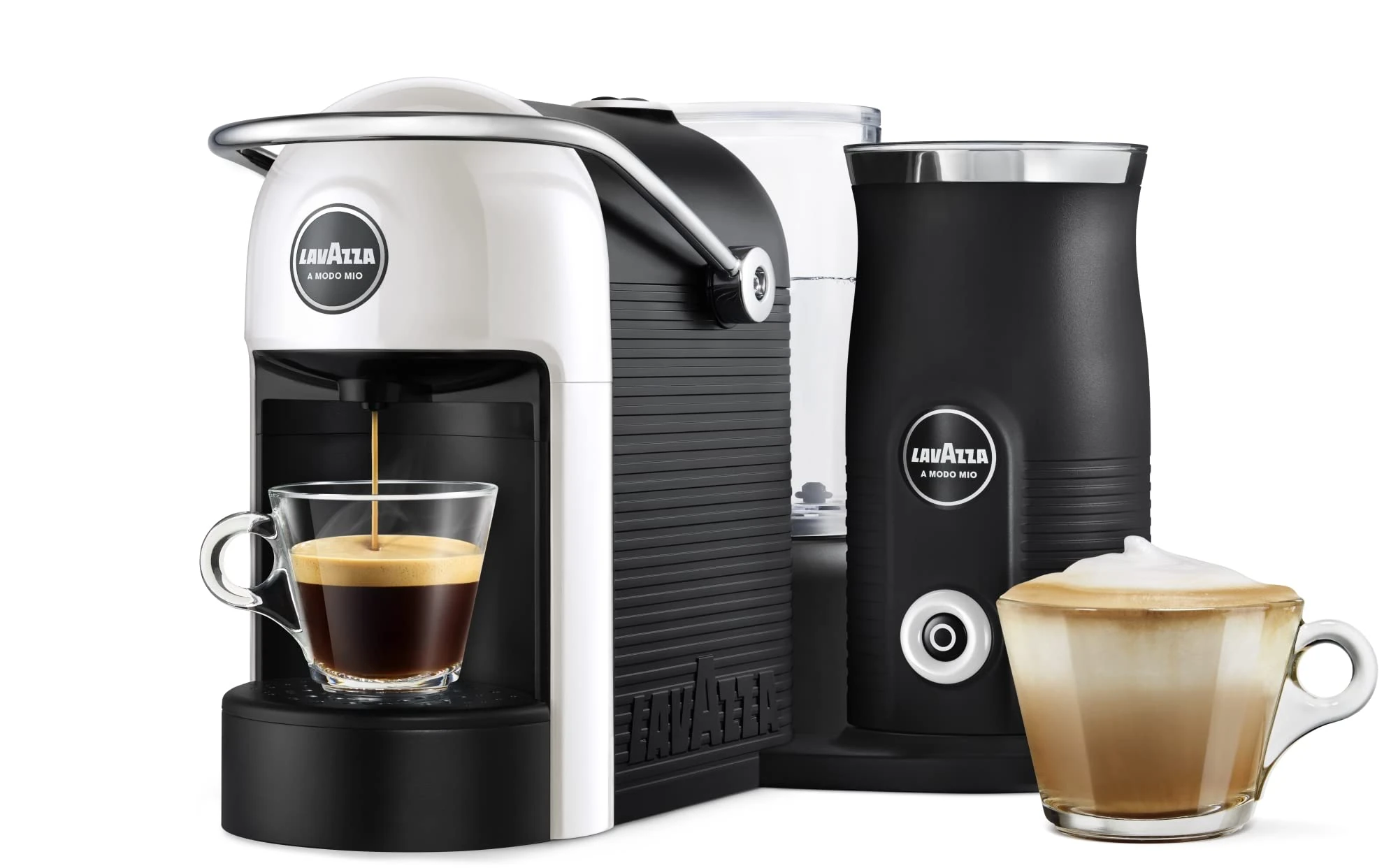 Lavazza, A Modo Mio Jolie & Milk EVO Coffee Machine Made from 33% Recycled Plastic, with Integrated Milk Frother and Removable Grid, Compatible with A Modo Mio Pods, 1250 W, 220–240 V, 50–60 Hz, White