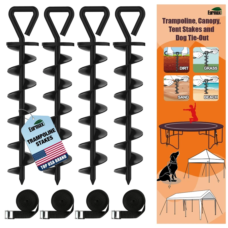 Eurmax USA Trampoline Stakes Heavy Duty Steel Anchor Kit for Trampolines - Set of 4 with Bonus 4 Strong Belts (Black)