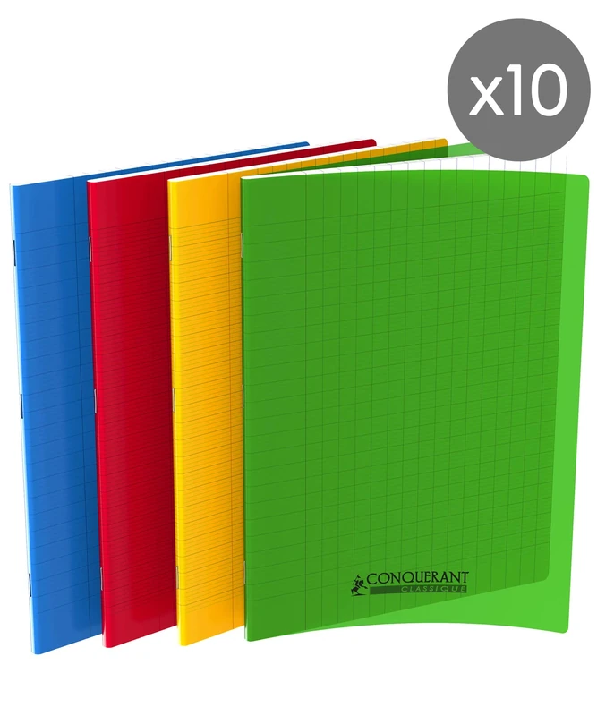 Conquerant Pack of 10 Classic Notebooks 24 x 32 cm Large Squared Seyès 96 Pages Stapled Polypropylene Cover Assorted Colours