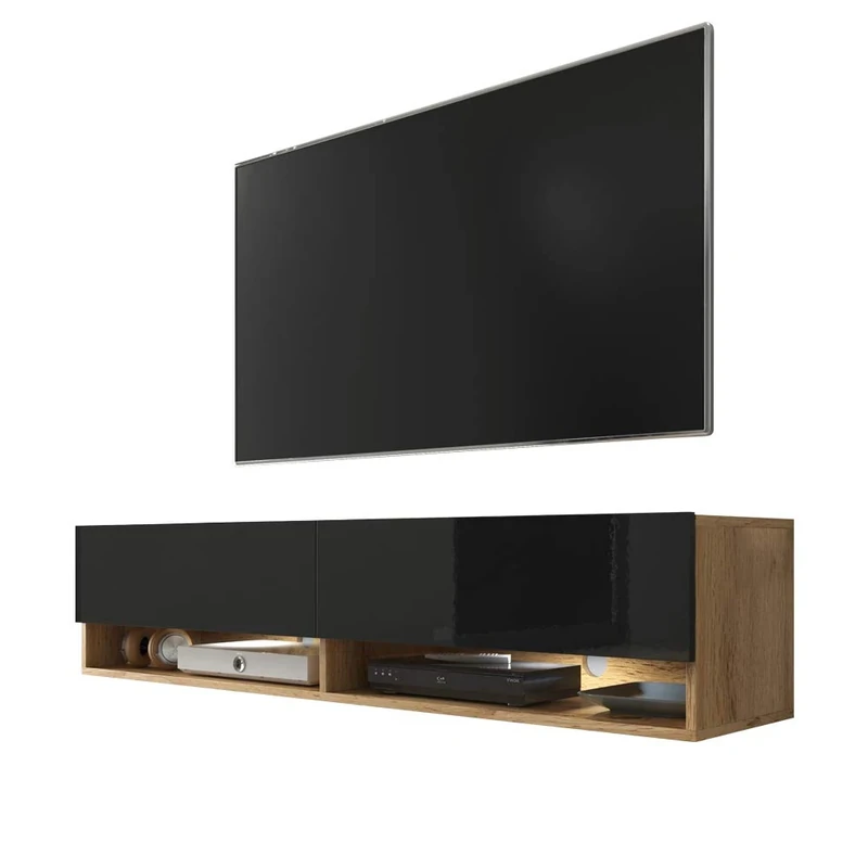 Selsey WANDER - Floating TV Stand/Modern TV Cabinet / 140 cm/Oak Brown Gloss Black with LED
