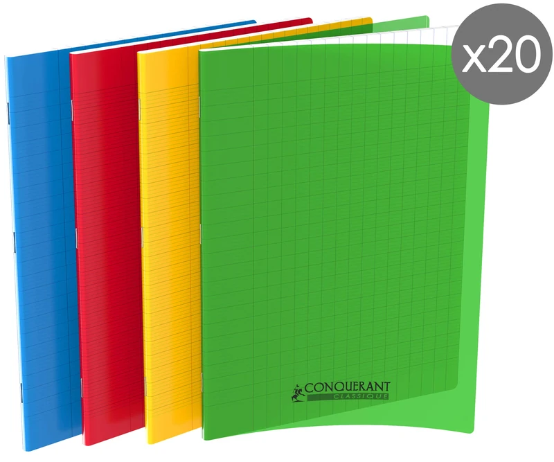 Conquerant Pack of 20 Classic Notebooks 24 x 32 cm Large Squared Seyès 48 Pages Stapled Polypropylene Cover Assorted Colours - Image 1