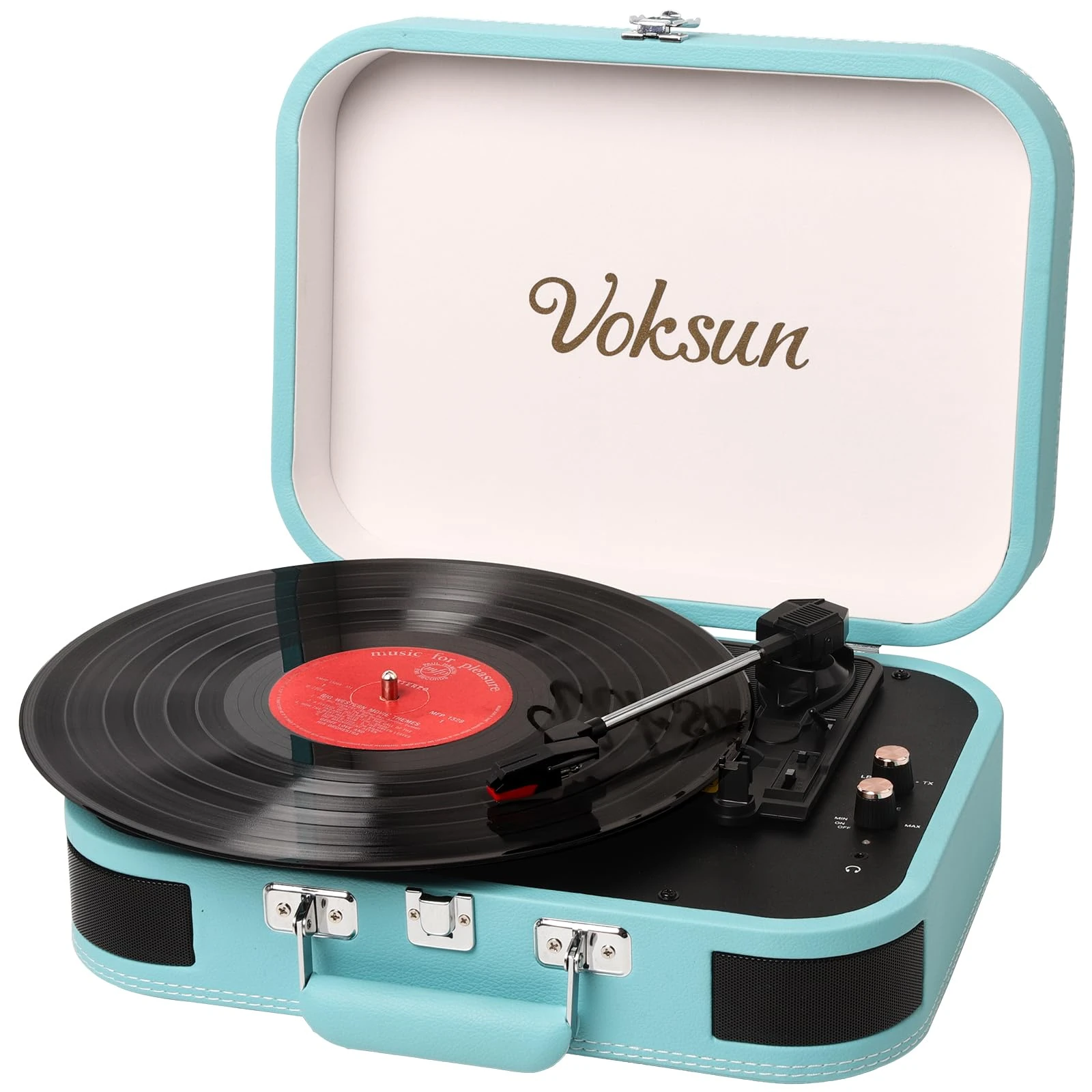 Record Player, VOKSUN Portable Bluetooth Vinyl Turntable with Built-in Stereo Speakers, 3-Speed Belt-Drive Suitcase LP Player, Supports Vinyl to MP3 Recording, AUX/USB/RCA/Headphone Jack