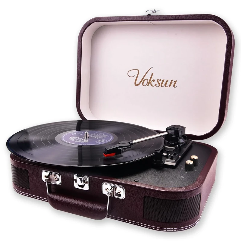 Record Player, VOKSUN Portable Bluetooth Vinyl Turntable with Built-in Stereo Speakers, 3-Speed Belt-Drive Suitcase LP Player, Supports Vinyl to MP3 Recording, AUX/USB/RCA/Headphone Jack