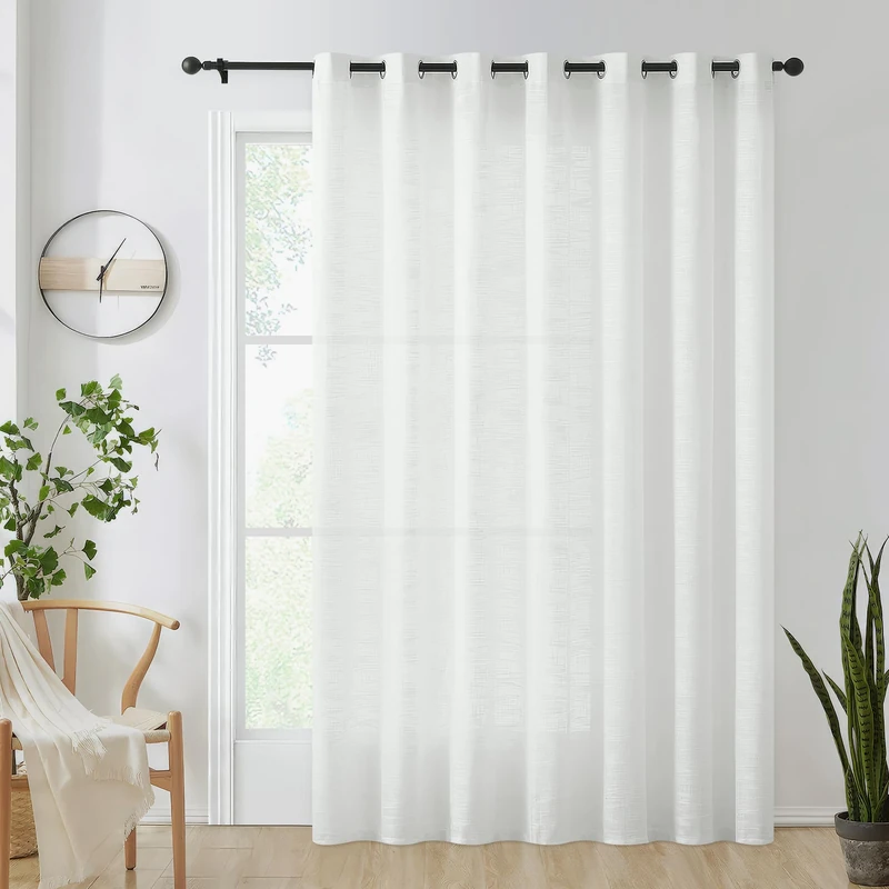 FMFUNCTEX Linen Sheer White Curtains Sliding Door Curtain 108inches Long Patio Glass Door Curtain Panel 100" Width Rich Cross Weave Textured Semi-Sheer Living Room Divider Bedroom Window Draperies 1pc