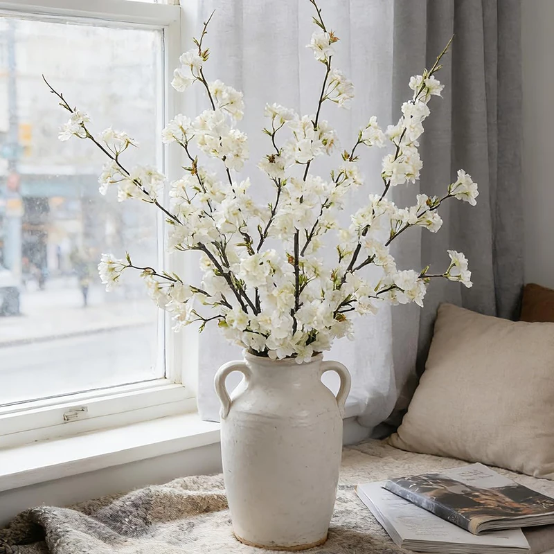 LESING 4pcs Cherry Blossom Flowers Artificial, Fake Silk Cherry Blossom Branches Tall Peach Blossom Flower Stems Arrangement for Wedding Home Office Party Decoration (White-1)