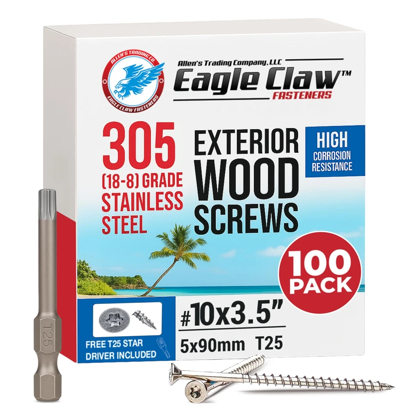 Eagle Claw Tools and Fasteners 10 x 3.5 Inch 305 Grade Stainless Steel Deck Screws 100 Box T25 Star Drive Included