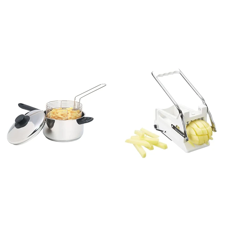 KitchenCraft Large Chip Pan with Basket and Lid, Induction Safe, Stainless Steel, 20 cm + Potato Chipper, French Fry Vegetable Cutter/Dicer Machine, Includes 2 Size of Blades