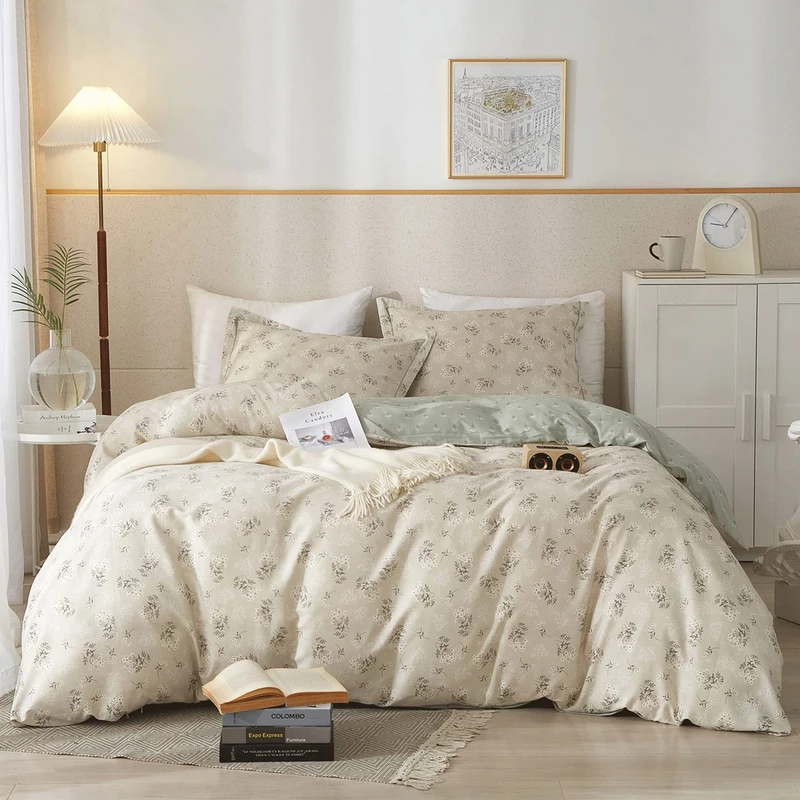 VM VOUGEMARKET Garden Flower Duvet Cover Set Queen Cotton Aesthetic Bedding Set Reversible Duvet Cover with 2 Pillow Shams,Blooming Comforter Cover for Girls