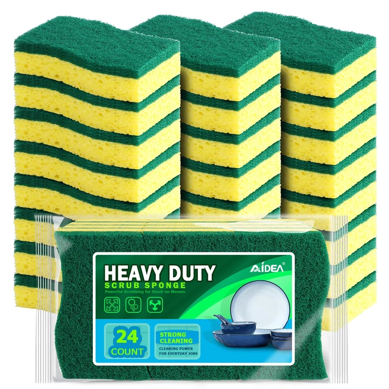 AIDEA Heavy Duty Scrub Sponge Pack of 24, Dual-Sided Dishwashing Sponges, Heavy Duty Cellulose Sponge, Cleans Fast Without Scratching, Cleaning Sponges for Everyday Jobs for Dishes, Pots, Pans