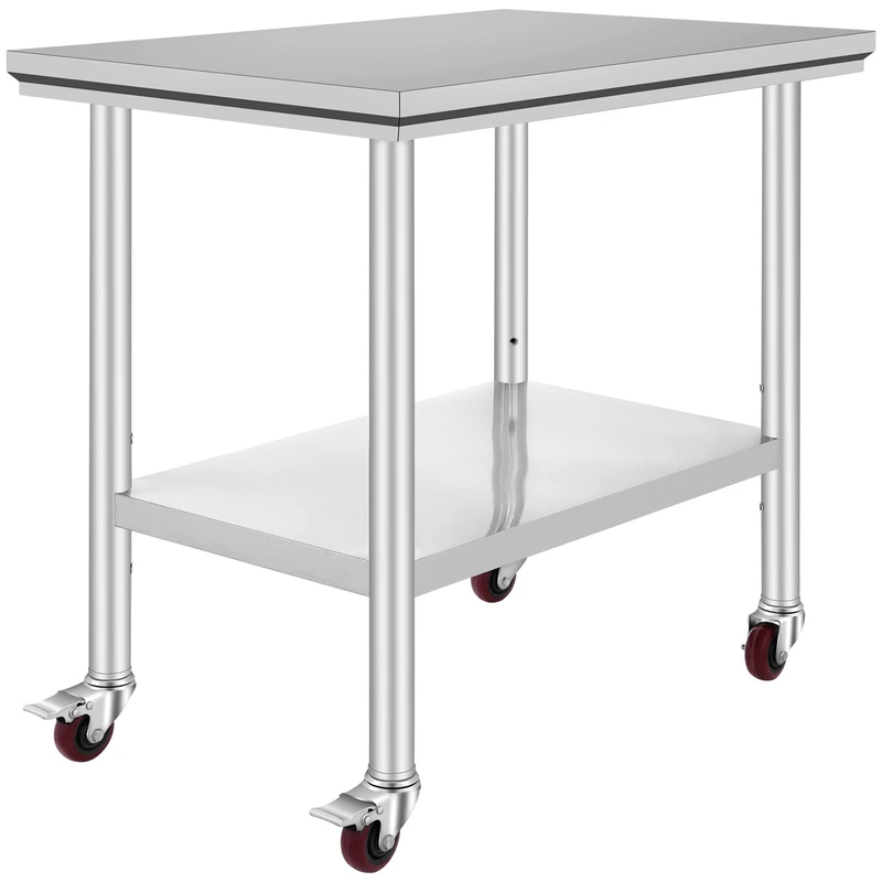 VEVOR Stainless Steel Catering Work Table 36x24 Inch Commercial Work Table with 4 Wheels Commercial Food Prep Workbench with Flexible Adjustment Shelf