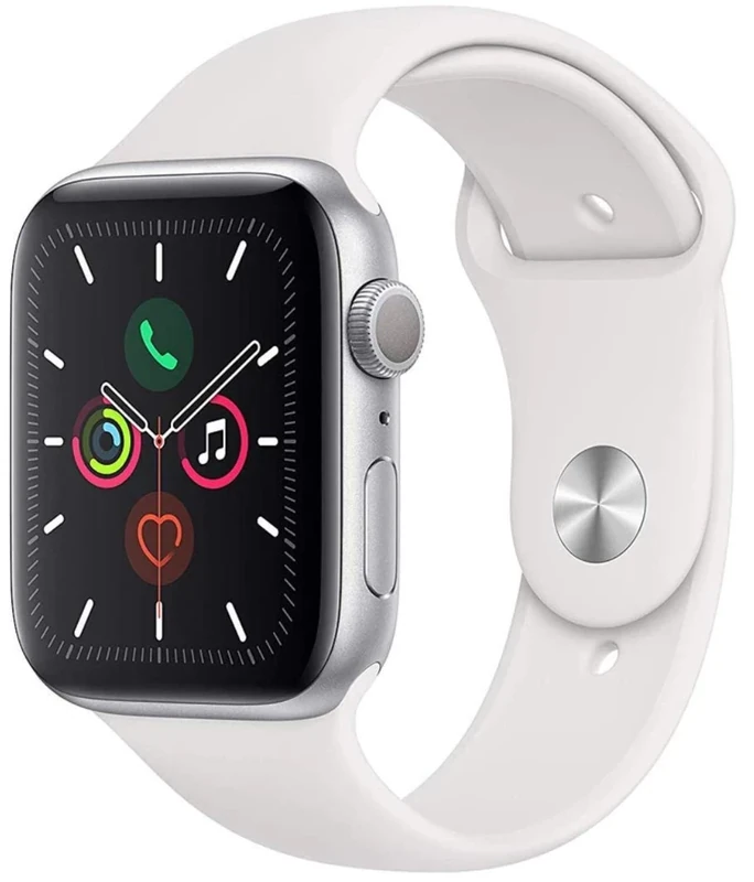 Apple Watch Series 5 (GPS, 44mm) Silver Aluminum Case with White Sport Band (Renewed)