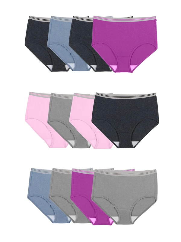 Fruit of the Loom Women's Eversoft Cotton Underwear Multipacks, Tag Free & Breathable, Available in Plus Size Slip, Pack of 12 Assorted Briefs, 8