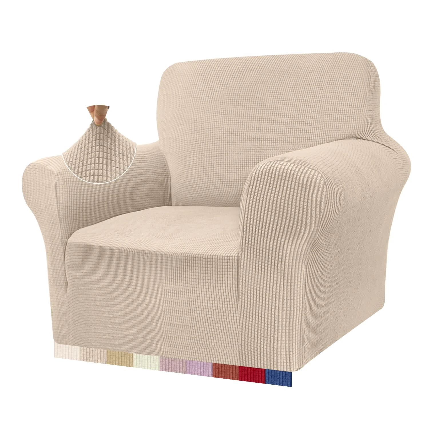 Granbest High Stretch Armchair Covers Super Soft Chair Covers for Living Room Jacquard Sofa Cover for Dogs Non Slip Chair Slipcover with Arms Furniture Protector (1 Seater, Beige)