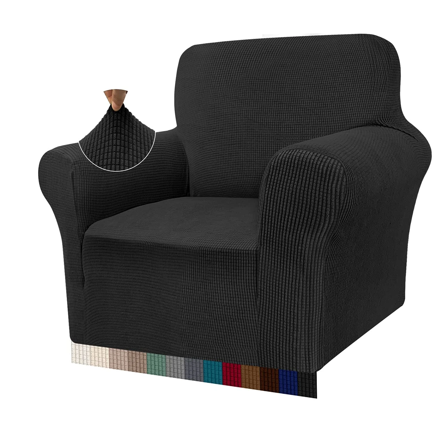 Granbest High Stretch Armchair Covers Super Soft Chair Covers for Living Room Jacquard Sofa Cover for Dogs Non Slip Chair Slipcover with Arms Furniture Protector (1 Seater, Black)