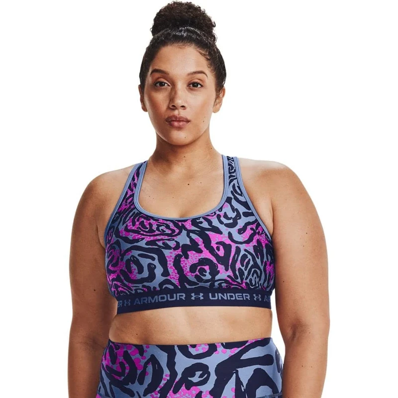 Under Armour Women's Crossback Mid Print Sports Bra, Womens, Sports Bra, 1361042-470, Mineral Blue/Mineral Blue/Midnight Navy (470), XS