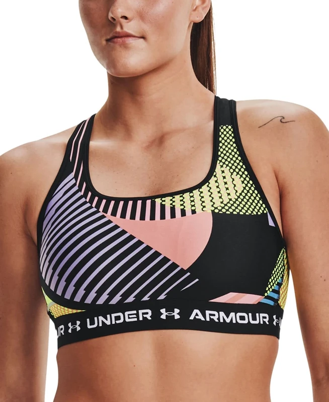 Under Armour Women's Crossback Mid Printed Bra, Black (001)/White, X-Small