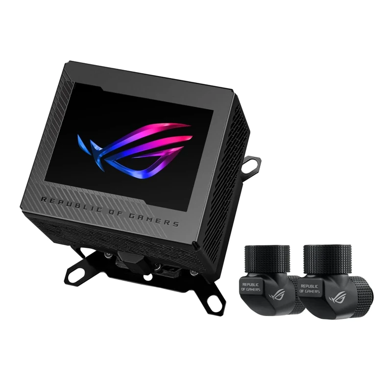 ASUS ROG Ryujin III WB CPU water block with full colour 3.5 inch LCD screen, embedded VRM fan, 178 micro cooling fins and copper alloy cold plate cooling technology by Asetek, and ROG fittings, Black