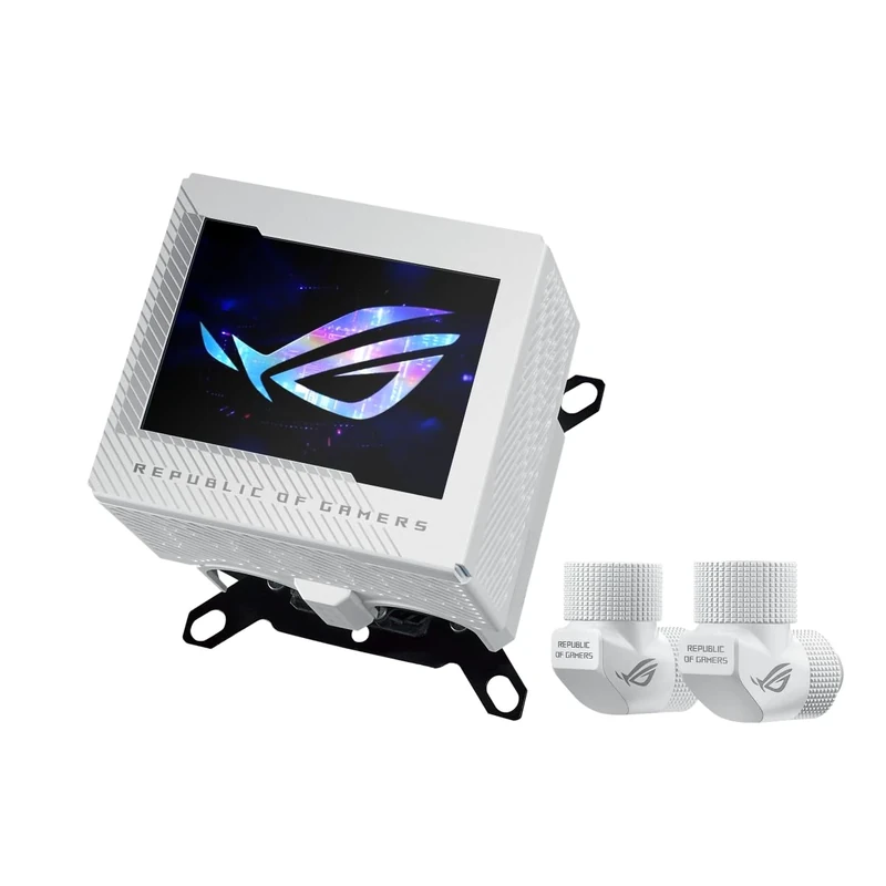 ASUS ROG Ryujin III WB CPU water block with full colour 3.5 inch LCD screen, embedded VRM fan, 178 micro cooling fins and copper alloy cold plate cooling technology by Asetek, and ROG fittings, White