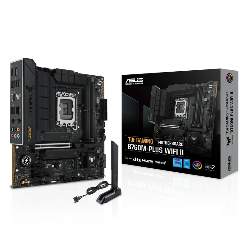 ASUS TUF Gaming B760M-PLUS WiFi II Motherboard Intel B760 LGA 1700 mATX (PCIe 5.0, M.2, DDR5, WiFi 6E, Q Antenna, Realtek 2.5GB Ethernet, DP, HDMI, SATA 6Gbps, USB Type-C, Thunderbolt 4, Aura Sync)