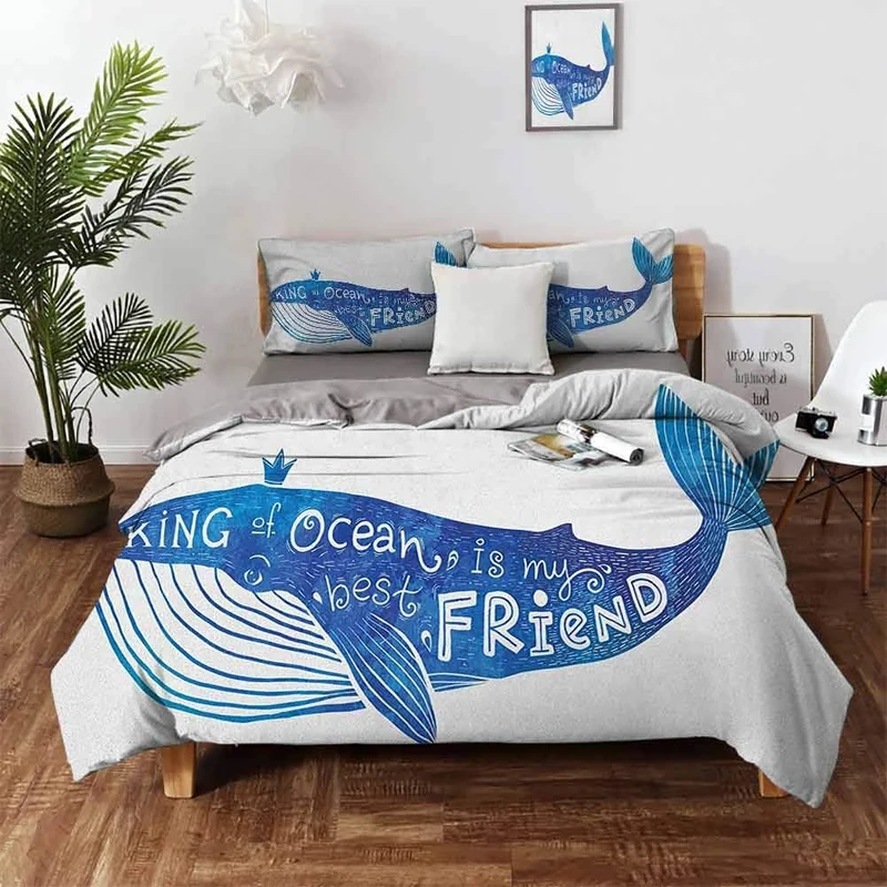Whale Cover Set, Kind of Ocean is My Best Friend Quote with Whale Fish Paintbrush Artsy Picture Bedding Sets 3 Pieces (1 Duvet Cover + 2 Pillow Shams) Light Weight & Easy Care - Queen 90"x90 - Image 1