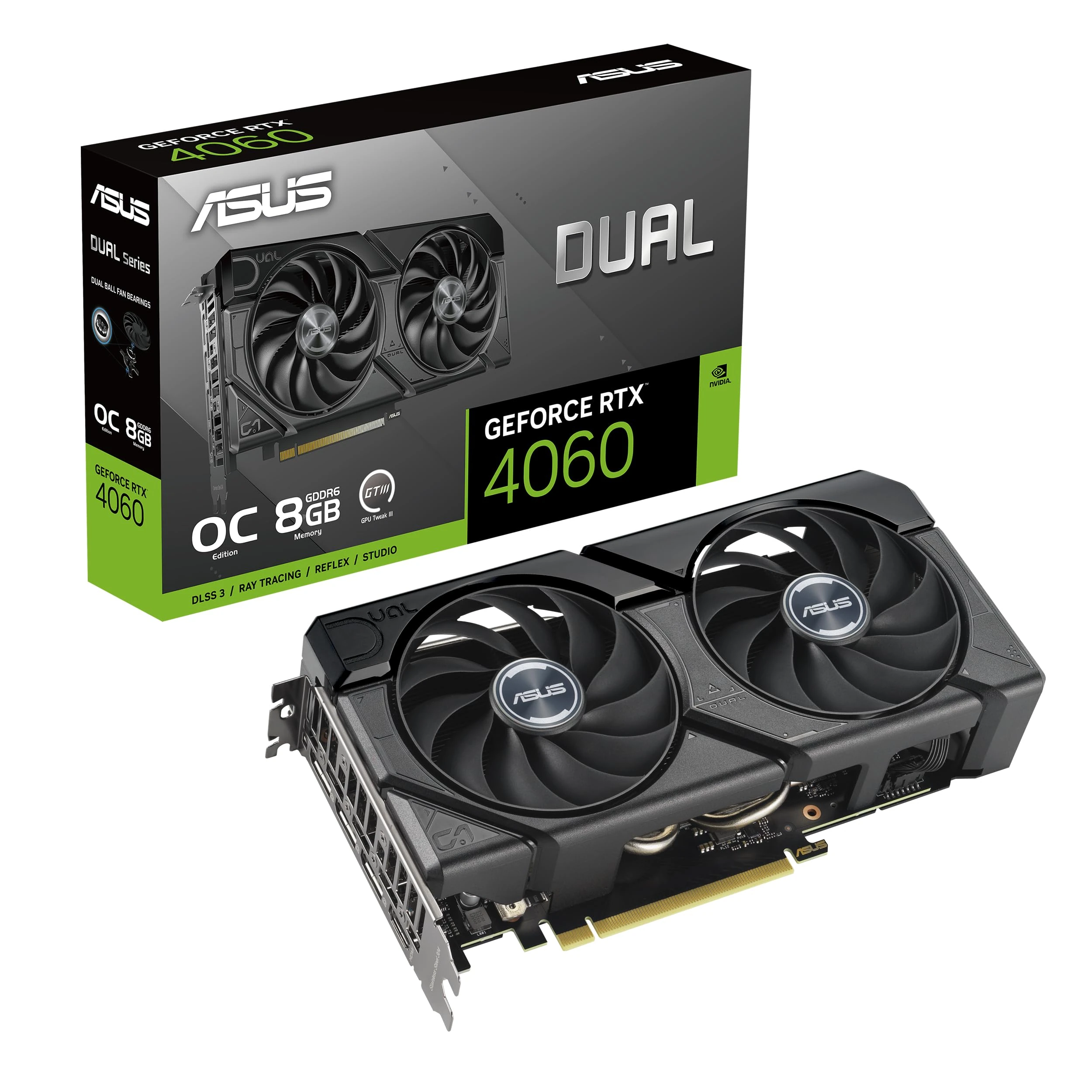 ASUS Dual GeForce RTX 4060 EVO OC Edition 8GB GDDR6 (PCIe 4.0, 8GB GDDR6, DLSS 3, HDMI 2.1a, DisplayPort 1.4a, Axial-Tech Fan Design, 0dB Technology, Dual BIOS, Auto-Extreme Technology)