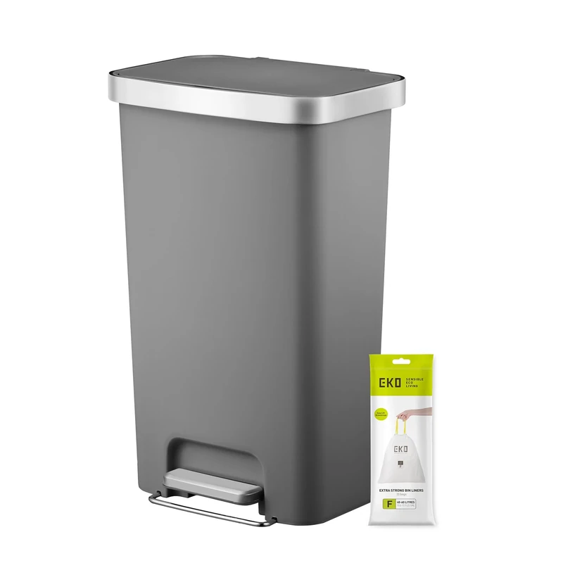 EKO Hana Pedal Bin 45L, Pedal Bins with Built-In Wheels, Rubbish Bin For Kitchen with Soft Close and Stay Close Lid, Grey