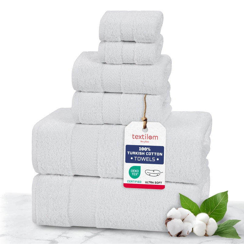 TEXTILOM 6 Pcs Towel Set, 2 Bath Towels, 2 Hand Towels, 2 Washcloths, 100% Luxury Cotton, Hotel Quality Bathroom Towels, Soft Hand Towels, Washable&Highly Absorbent&Quick Dry, Lightweight - White