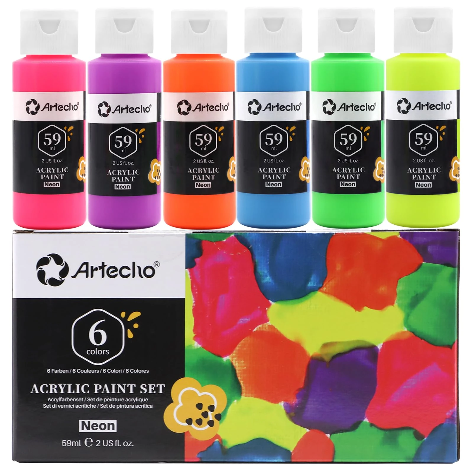 Artecho Acrylic Paint Set - 6 Neon Colors, 2 Oz Each, for Art, Wood, Fabric, Crafts, Canvas, Leather & Stone